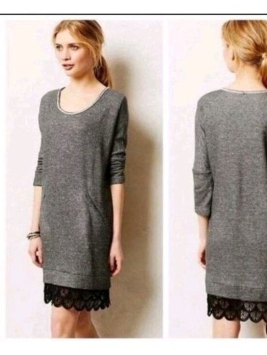 Dolan Dresses & Skirts - Dolan Anthropologie Fiona Gray Knit Black Lace Trim Shift Dress Size Women's XS